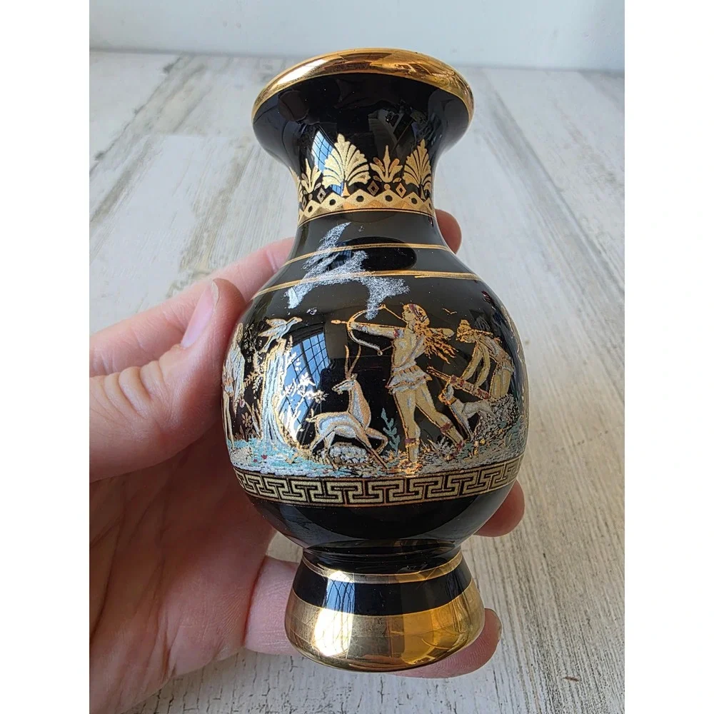Vintage Olympia Greece mini black vase 24K decor gold‎